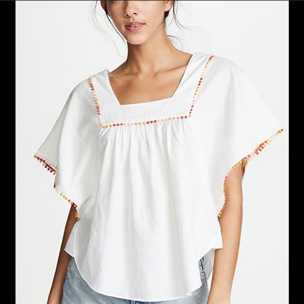 Madewell White Flutter Sleeve Pom Pom Top